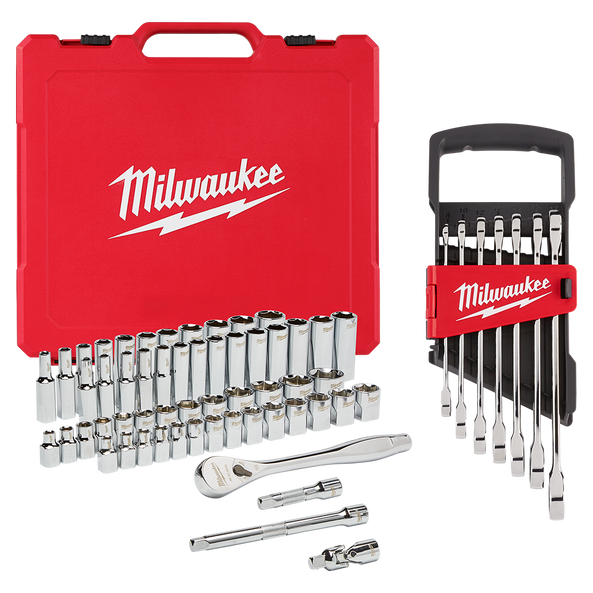 3/8" Drive 56 PC SAE & Metric Socket & Ratchet Set w/ BONUS 7PC Metric Wrenches, , hi-res